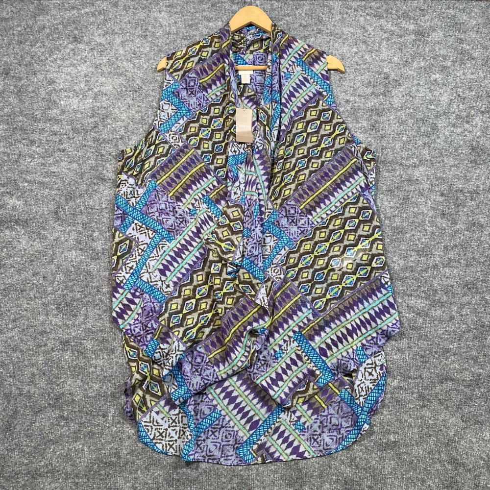 Chicos Womens Size 2 Printed Sheer Draped Open Front Vest Fatigue 570131289